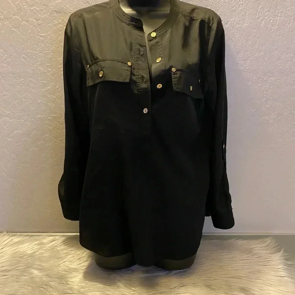 Michael Kors Women's Petite SM Black Utility Blouse Gold Button Long Sleeve Top